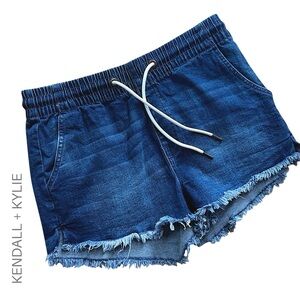 Kendall & Kylie Indigo Drawstring Denim Shorts with Frayed Hem